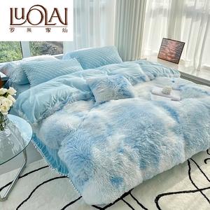 LUOLAI HOME Комплект постельного белья 4 предмета, 180 см, пододеяльник 220x240 см, наволочки 48x74 см, простыня, ткань: бархат, цвет: небесно-голубой