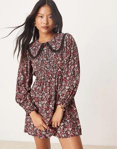 Мини-платье с длинными рукавами и кружевом в принт Miss Selfridge