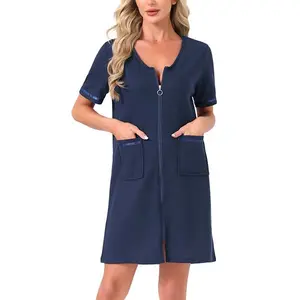Женский халат с молнией спереди, воротник-стойка, с карманами, мягкая домашняя одежда Inspire Chic, Blue