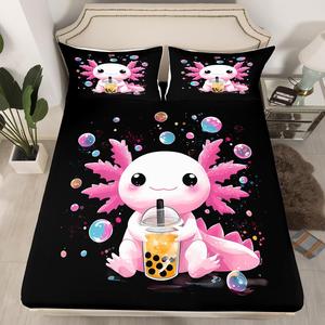Erosebridal Комплект постельного белья Axolotl с милым дизайном саламандры и пузырькового чая в розовых тонах, Black Pink