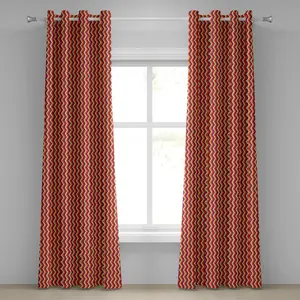 Шторы на люверсах ABAKUHAUS в стиле ретро, винтажный зигзагообразный узор с веселым динамичным рисунком параллельных полос, декоративные двухпанельные шторы, 280 см x 260 см, цвет: оранжевый, бордово-желтый