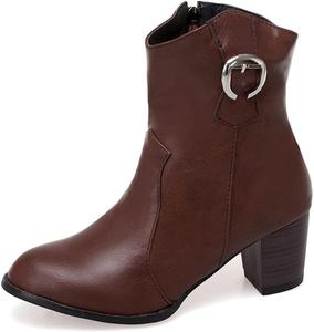 Женские ботильоны VOKLIN на массивном среднем каблуке с круглым носком, пряжкой и боковой молнией, стиль вестерн, Dark Brown-Velvet Lined