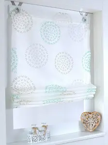 Римская штора , люверсная штора Bella, выжженный белый бирюзовый с рисунком в виде круга, в комплекте с крючками для окон, 100 x 140 см Kutti