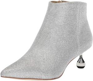 Женские милые ботильоны XYD с низким расклешенным каблуком, зауженным носком и боковой молнией, подходящие к платью для вечеринки, короткие ботинки, Silver Glittery Texture