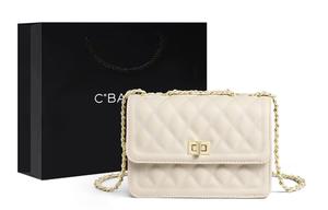 Сумка женская малая квадратная на цепочке через плечо из спилка и синтетической кожи комбинированная цвет экрю/черный C°BANNER