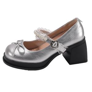 Туфли Мэри Джейн на толстом каблуке с французским жемчугом и бантом, без подкладки, на высоком каблуке, маленькие кожаные женские туфли NX DOUGHNUT, Silver