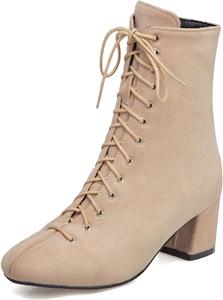 Женские ботильоны UniqueStride с квадратным носком, шнуровкой и среднем каблуке, лаковая кожа, короткие, Beige Suede