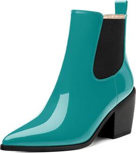 Женские ботильоны FEMSTEP Челси с эластичной вставкой, заостренным носком и высоким устойчивым каблуком, удобные лакированные ботинки на осень для вечеринок, шопинга и свиданий, Lake Blue