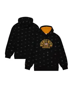 Мужская черная толстовка с капюшоном Boston Bruins 100th Anniversary Allover Print Pullover Hoodie Mitchell & Ness