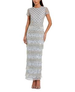 Короткое платье с бахромой и сетчатыми вставками до щиколотки Mac Duggal, зеленый