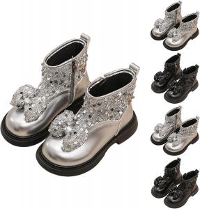 Детские ботильоны для девочек с бантом, блестками, на низком толстом каблуке, с боковой молнией, модная обувь для осени, на возраст 4-11 лет Generic, Silver