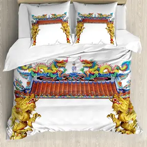 Пододеяльник ABAKUHAUS Dragon, Восточные здания и драконы, защита от клещей, подходит для аллергиков, с наволочками, 155 см x 220 см - 80 x 80 см, желтый, синий и красный Abakuhaus