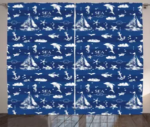 Штора ABAKUHAUS темно-синяя в деревенском стиле, гранжевый якорь, универсальные ленточные шторы для гостиной с петлями и крючками, 280 x 225 см, сине-белая Abakuhaus
