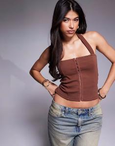 Топ ASOS DESIGN с завязками на шее и крючками шоколадного цвета