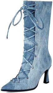 Джинсовые сапоги средней длины для женщин, джинсовые ботильоны на низком каблуке, заостренный носок, шнуровка, высокие каблуки, винтажные сексуальные высокие сапоги Generic, Light Blue