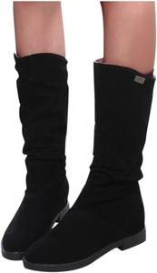 Женские замшевые ботинки Bcshiye до колена, средние сапоги до икра, боевые и ездовые ботинки, противоскользящие теплые зимние ботинки с плоской подошвой, Black