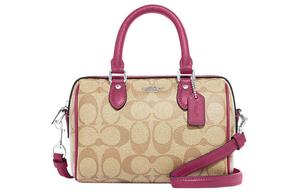 Роуэн из лакированного холста с кожаными деталями Бостон сумка, плечевая сумка, кросс-боди, мини женская сумка коричневый и фиолетовый COACH