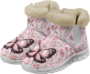 Женские зимние ботинки Howilath с рисунком бабочки, пушистые сапожки из фланели для путешествий и отдыха, Pink Butterfly Flower