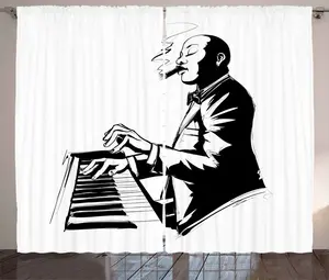 Штора ABAKUHAUS Сигара в деревенском стиле, с графическим наброском джазового пианиста, присборенная штора из тесьмы для спальни с петлями и крючками, 280 x 175 см, черно-белая Abakuhaus