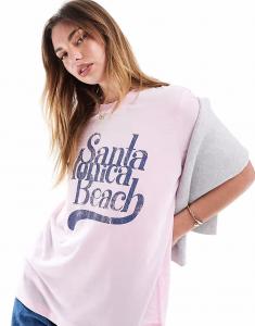 Футболка ASOS DESIGN прямого кроя с принтом пляжа Санта-Моники розового цвета