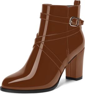 Женские ботильоны MODENCOCO осень-зима с застежкой, модные, из лакированной кожи, с круглым носком, на высоком блочном каблуке 3,5 дюйма, Brown