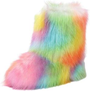 Женские зимние ботинки с искусственным мехом, пушистые, средней высоты до икры Urmycos, Rainbow