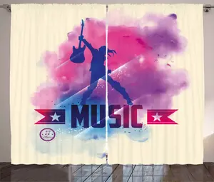 Штора ABAKUHAUS в деревенском стиле для подростковой комнаты, Рок-звезда и гитара, универсальная тесьма для гостиной с петлями и крючками, 280 x 245 см, кремово-фиолетово-розовый