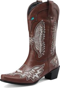 Женские ковбойские сапоги Quimeir средней длины, с вышитым массивным каблуком, ковбойские ботильоны для девушек, Brown1