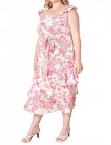 Платье миди Truth Be Told Guayana с оборками и многоуровневым дизайном в розово-зеленом цвете Sugarlips, розовый/зеленый