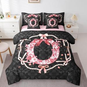 Erosebridal Комплект постельного белья Pink Floral Bow с монограммой и бантами в стиле преппи, Pink Black O