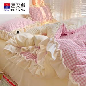 FUANNA Комплект постельного белья 1,5 м, 200x230 см, молочный бархат, двойная теплота, розовая клетка + желтый