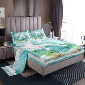 Erosebridal Комплект постельного белья Ocean Beach с морскими звездами, кораллами и водорослями в мятно-белой цветовой гамме, Mint Green White