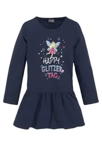 KIDSWORLD трикотажное платье "HAPPY GLITZER DAY" с блестящим принтом, цвет морской волны