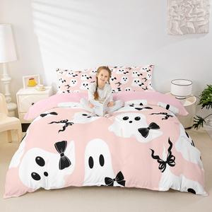Erosebridal Комплект постельного белья Happy Halloween с милыми привидениями и розовым декором, White Pink,black