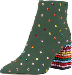 Женские модные ботильоны FSJ с заостренным носком, на среднем блочном каблуке, удобные, из замши с кристаллами и заклепками, боковая молния, вестерн-стиль, размеры US 4-15, Green