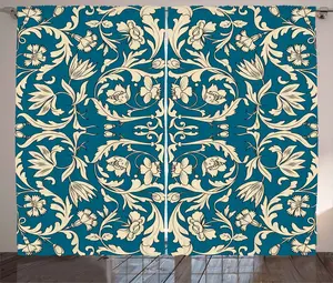 Штора ABAKUHAUS в китайском деревенском стиле, восточная, антикварная, рулонная, универсальная, для гостиной, с петлями и крючками, 280 x 245 см, цвет: петролеум, синий и кремовый Abakuhaus