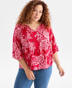 Блузка большого размера с V-образным вырезом, принтом и рукавами-фонариками, эксклюзивно для Macy's Style & Co, Holiday Dark Red
