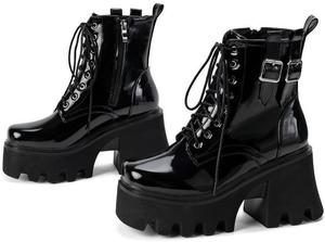 Женские готические ботильоны на массивном каблуке из лакированной кожи с шнуровкой и молнией, модная подошва платформы с противоскользящей подошвой, короткие ботинки в стиле Y2K панк, мотоциклетные боевые ботильоны Generic, Black