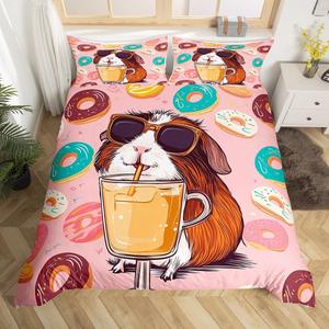 Erosebridal Комплект постельного белья с мультяшными морскими свинками и красочным пончиковым принтом в стиле кавай, Brown Pink