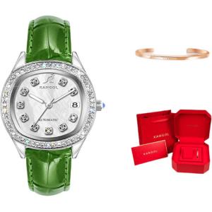 KANGOL Часы Mechanical Movement Leather Watch Bands Watch Women's Watch Mother-of-Pearl Color Watch Dial, Green Elf[Lover's Bangle Red Heartfelt]