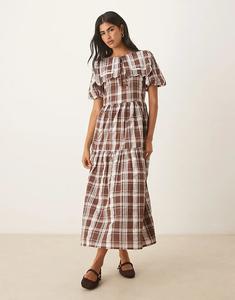 Платье мидакси с клетчатым принтом и воротником Neon Rose бежевого цвета