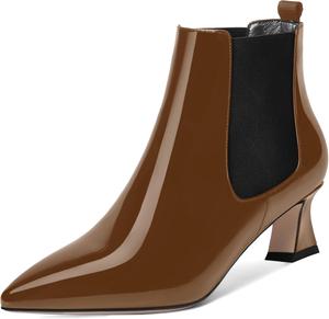 Женские зимние ботильоны AMBELIGHT с острым носком, лакированные, офисного стиля, на низком каблуке-кубике 2 дюйма, с эластичной вставкой, Brown