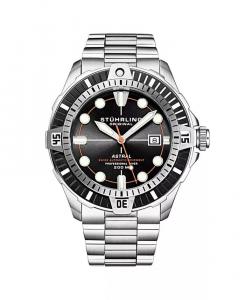 Мужские часы Aquadiver, серебристая нержавеющая сталь, черный циферблат, круглые часы 45 мм Stuhrling