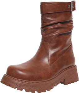 Женские модные ботильоны в свободном стиле, с круглым носком и широким каблуком для повседневной и официальной носки XIEPP, Brown