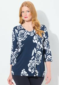 Топ Ulla Popken FLORAL 3/4 SLEEVE A-LINE SLINKY, Navy Blue/Dark Blue