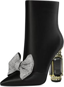 Женские ботильоны FSJ с острым носком, кристаллами, массивным каблуком и боковой молнией, блестящие, повседневные, модные, осенние, размеры US 4-15, Black Bow