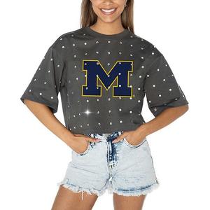 Женская серая футболка Michigan Wolverines Go Time с камнями Gameday Couture