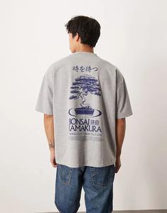 Футболка ASOS DESIGN свободного кроя с принтом бонсай серо-меланжевого цвета