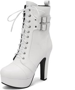 Женские ботильоны на платформе с круглым носком, боковой молнией, двойной пряжкой, модные короткие ботинки, ботильоны на шнуровке JMdfcqer, White
