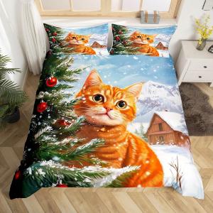 Erosebridal Комплект постельного белья с новогодним декором в тематике милых кошек и зимнего леса, Orange